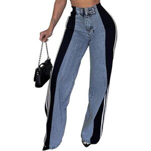 Womens Stretch High Waisted Wide Leg Jeans Patchwork Stripes Color Block
